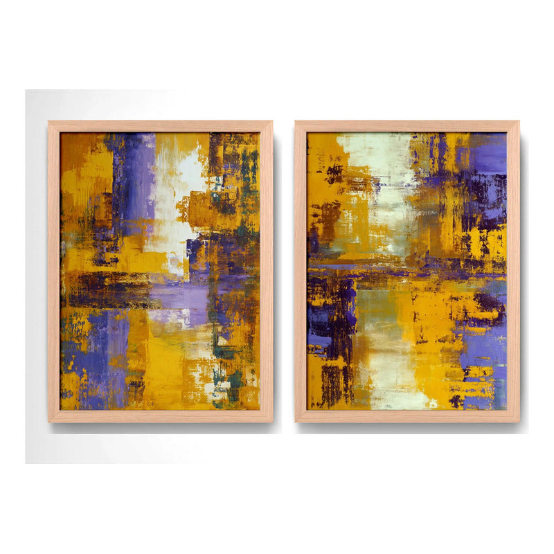 Set 2 Cuadros Dormitorio Living Abstracto Amarillo Púrpura Marco Marrón Claro