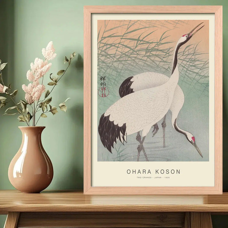 Cuadro Ohara Koson Dos Grullas Aves Arte Japones Marco Oak Marco Marrón Claro