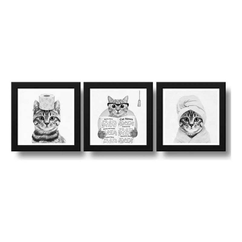 Set 3 Cuadros Gato Baño Blanco Y Negro Mascota Pet Decora