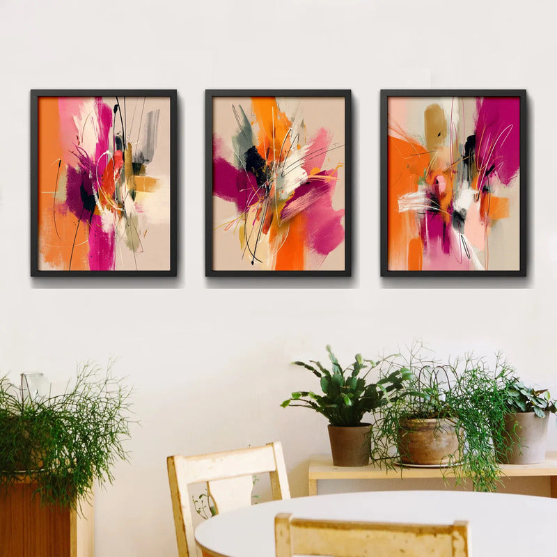 Set 3 Cuadros Dormitorio Living Abstracto Arte Expresionista Marco Negro