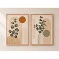 Set 2 Cuadros Living Abstracto Boho Eucalipto Beige Neutro Marco Marrón Claro