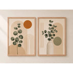 Set 2 Cuadros Living Abstracto Boho Eucalipto Beige Neutro Marco Marrón Claro