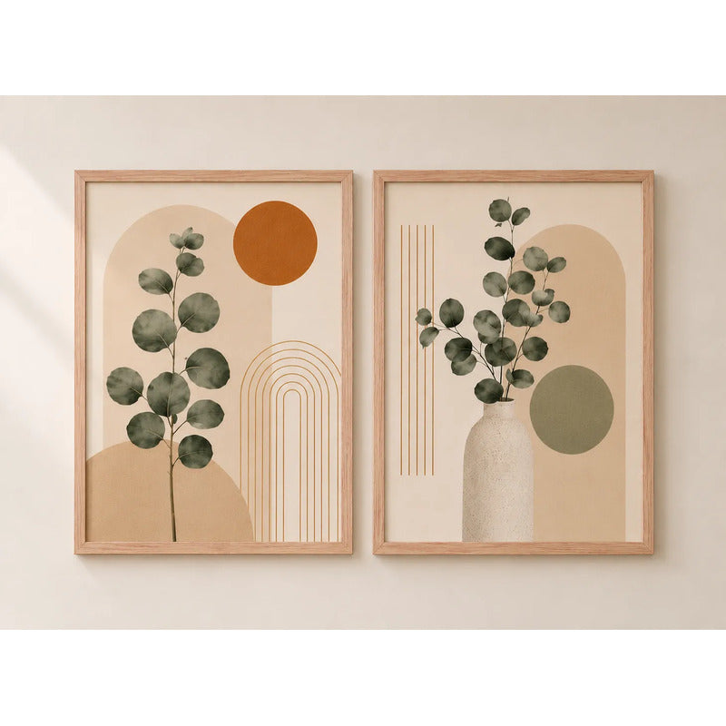 Set 2 Cuadros Living Abstracto Boho Eucalipto Beige Neutro Marco Marrón Claro