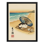 Cuadro Gato Sombrilla Playa Sol Japón Mar Arte Tonos Beige Marco Negro