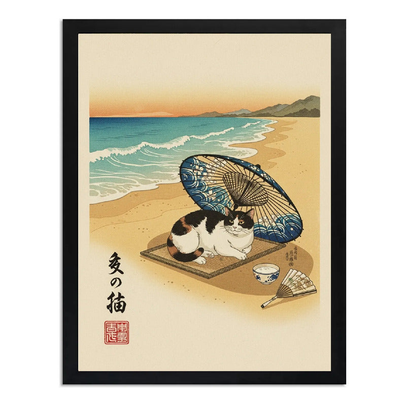 Cuadro Gato Sombrilla Playa Sol Japón Mar Arte Tonos Beige Marco Negro