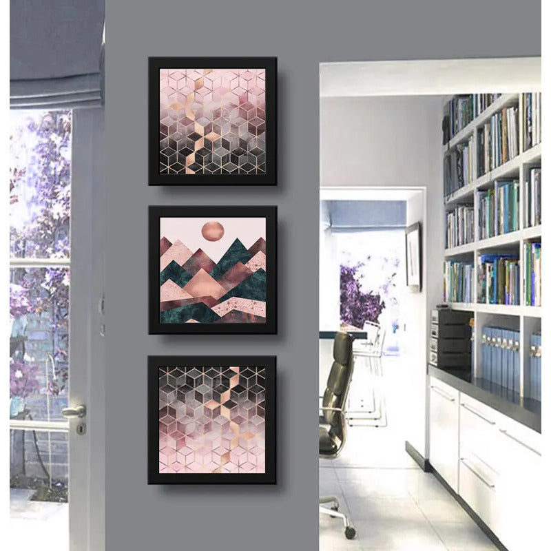 Set 3 Cuadros Abstracto Rose Gold Escandinavo Geometrico Art