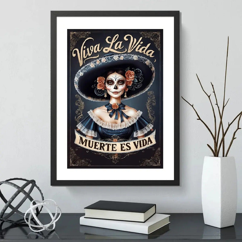Cuadro Calavera Mexicana Catrina Frase Viva La Vida Tattoo Marco Negro