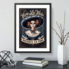 Cuadro Calavera Mexicana Catrina Frase Viva La Vida Tattoo Marco Negro
