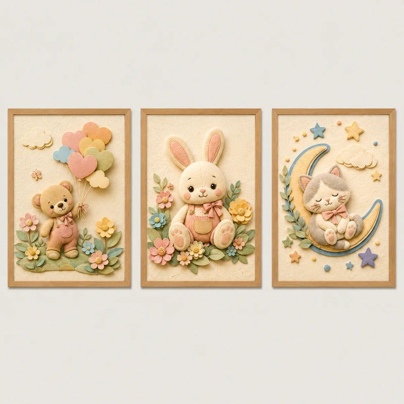 Set 3 Cuadros Infantil Bebe Oso Conejo Gato Luna Efecto 3d Marco Madera Oak Marrón Claro