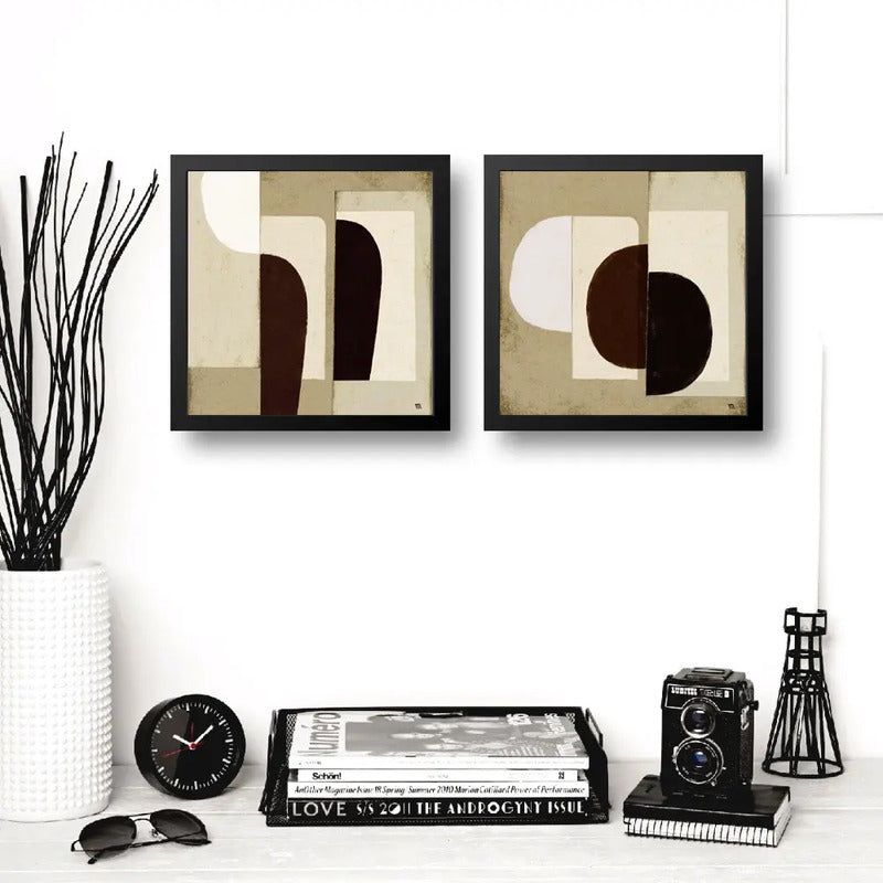 Set 2 Cuadros Dormitorio Living Boho Abstracto Tonos Beige Marco Negro
