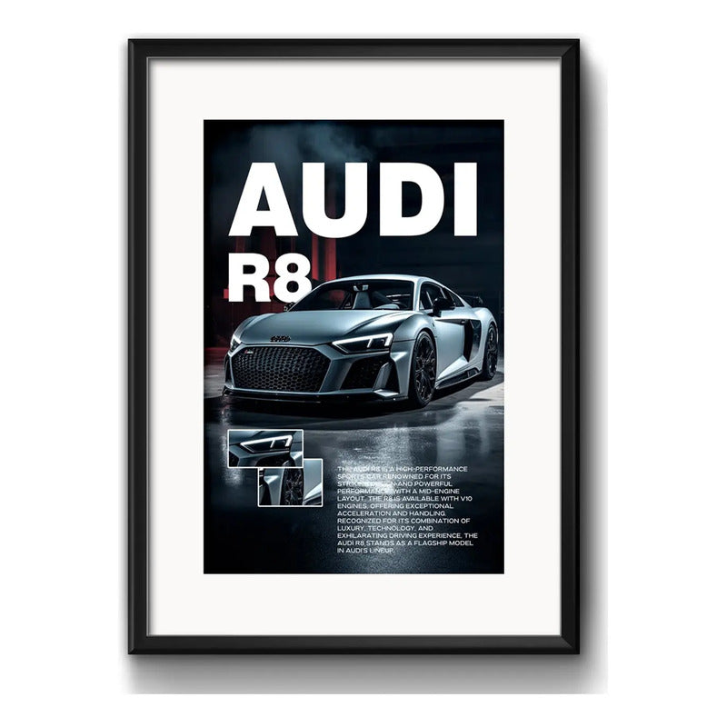 Cuadro Audi R8 Auto Modelo Deportivo 53x43cm Con Paspartú Marco Negro
