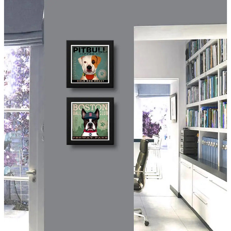 Set 2 Cuadros Pitbull Boston Perro Cafe Pop Art Mascota Pet