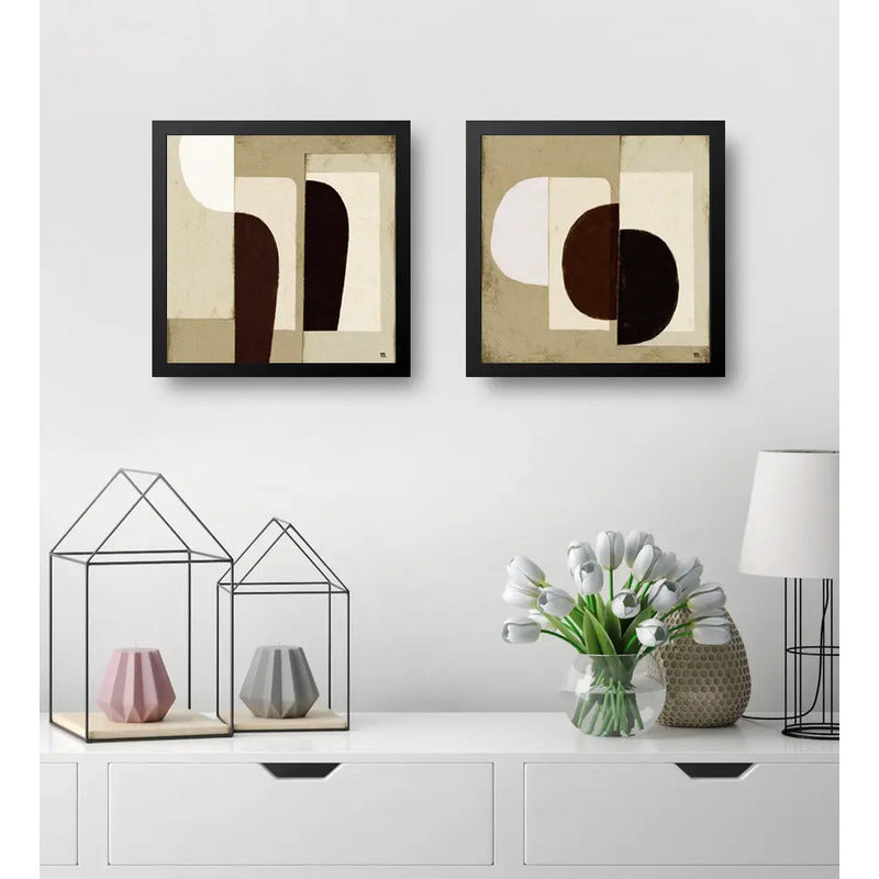 Set 2 Cuadros Dormitorio Living Boho Abstracto Tonos Beige Marco Negro