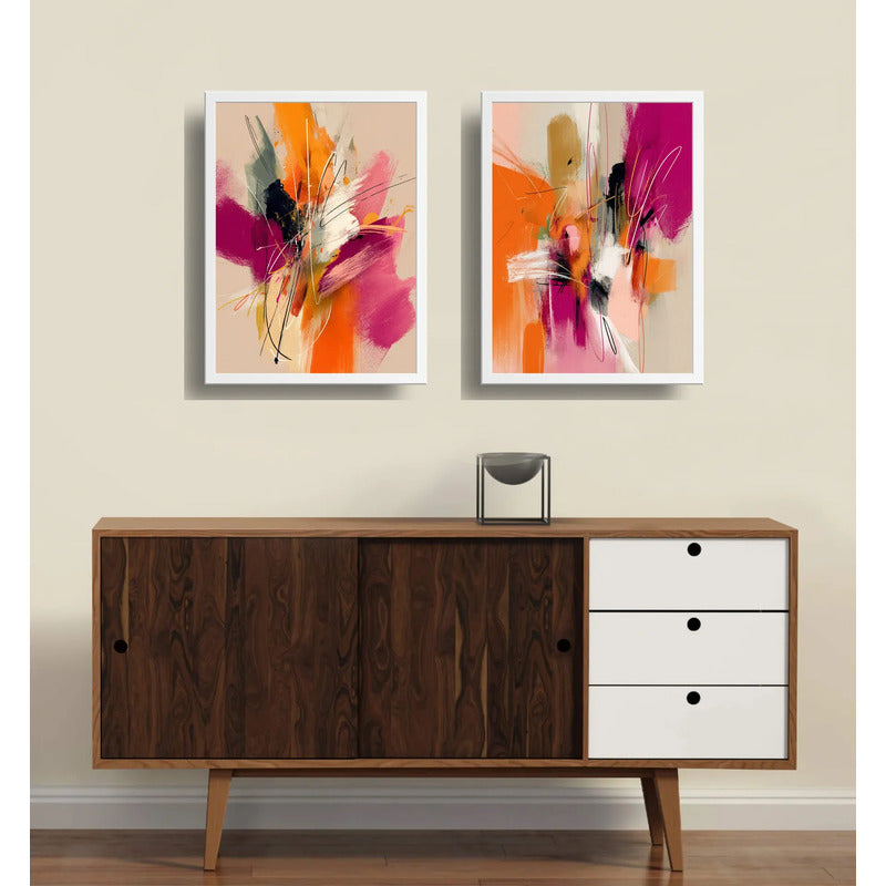 Set 2 Cuadros Dormitorio Living Abstracto Arte Expresionista Marco Blanco