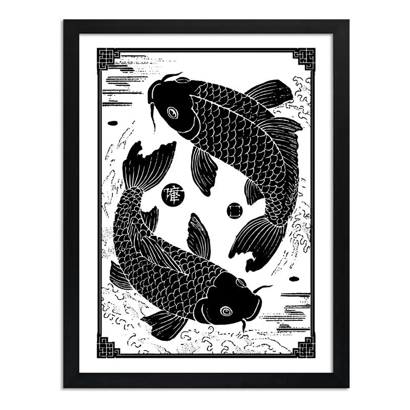 Cuadro Koi Peces Armonía Yin Yang Blanco Y Negro Decoracion Marco Negro