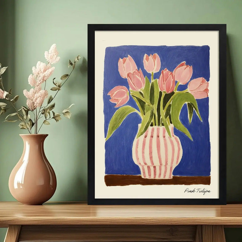 Cuadro Para Dormitorio Living Flores Tulipanes Rosa Suave Tulipanes Rosa Suave Con Fondo Azul Marco Negro