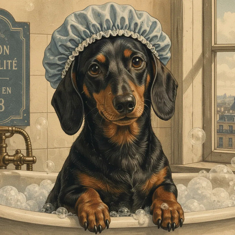 Cuadro Baño Paris Vintage Perro Salchicha Le Bain Dachshund Marco Negro