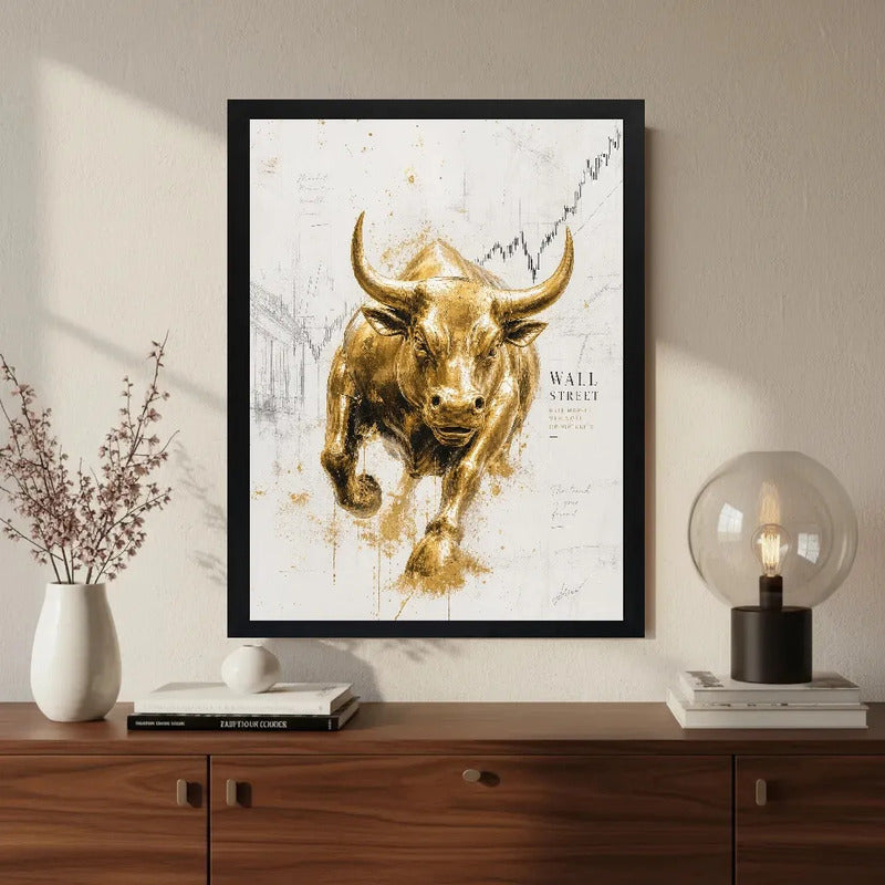 Cuadro Toro De Wall Street Dorado Arte Financiera Decoracion Marco Negro
