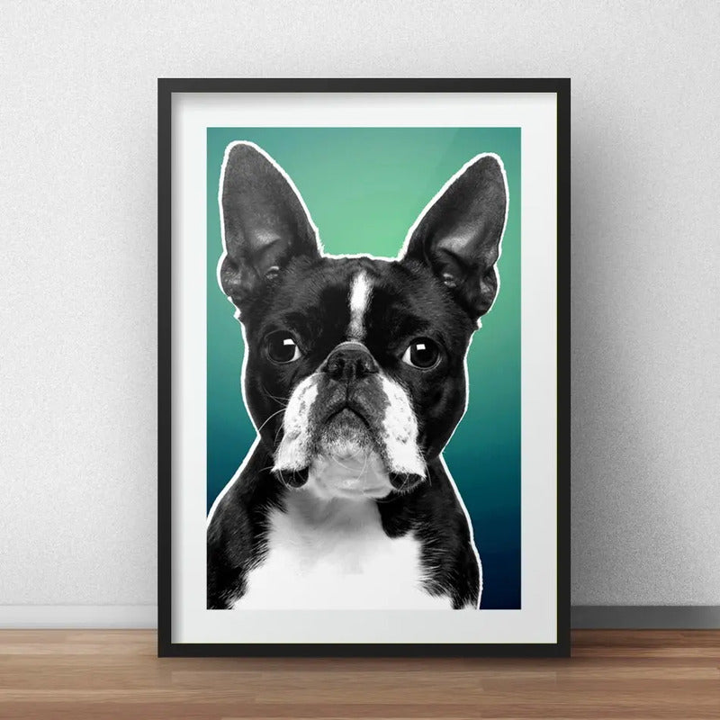 Cuadro Bulldog Frances Blanco Y Negro Verde Con Paspartu Marco Negro