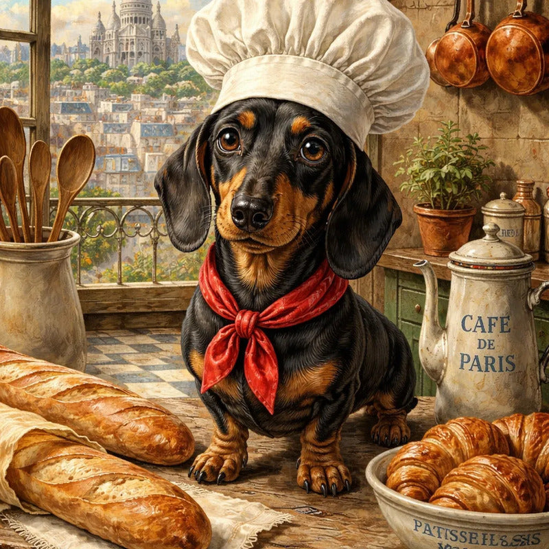 Cuadro Perro Salchicha Le Petit Chef De Paris Pan Art Cocina Marco Negro