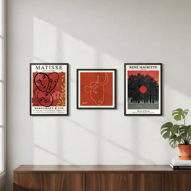 Set 3 Cuadros Para Living Cocina Estudio Tonos Rojos Red Matisse Picasso Magritte Con Marco Negro