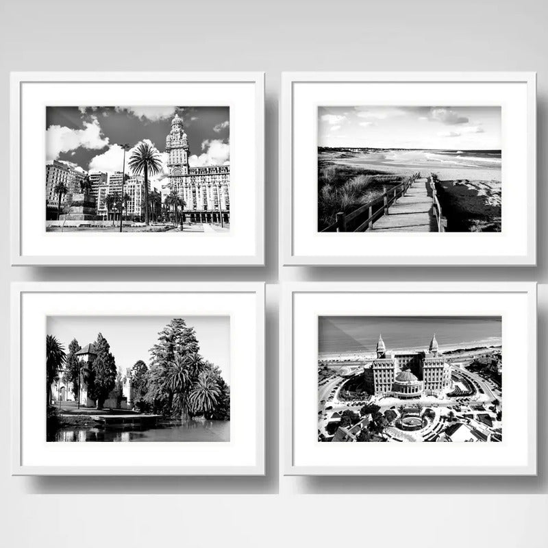 Set 4 Cuadros Montevideo Blanco Y Negro Ciudad Con Paspartu