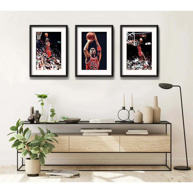 Set 3 Cuadros Michael Jordan Basket Nba 53x43cm Con Paspartu Marco Negro