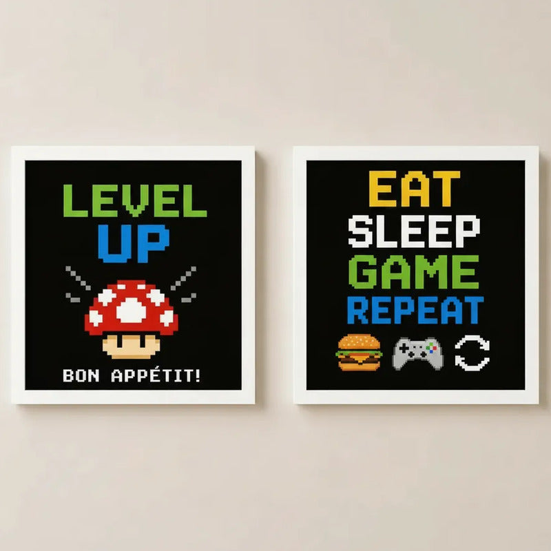 Set 2 Cuadros Cocina Geek Game Bon Appetit Frase Videojuego Marco Blanco