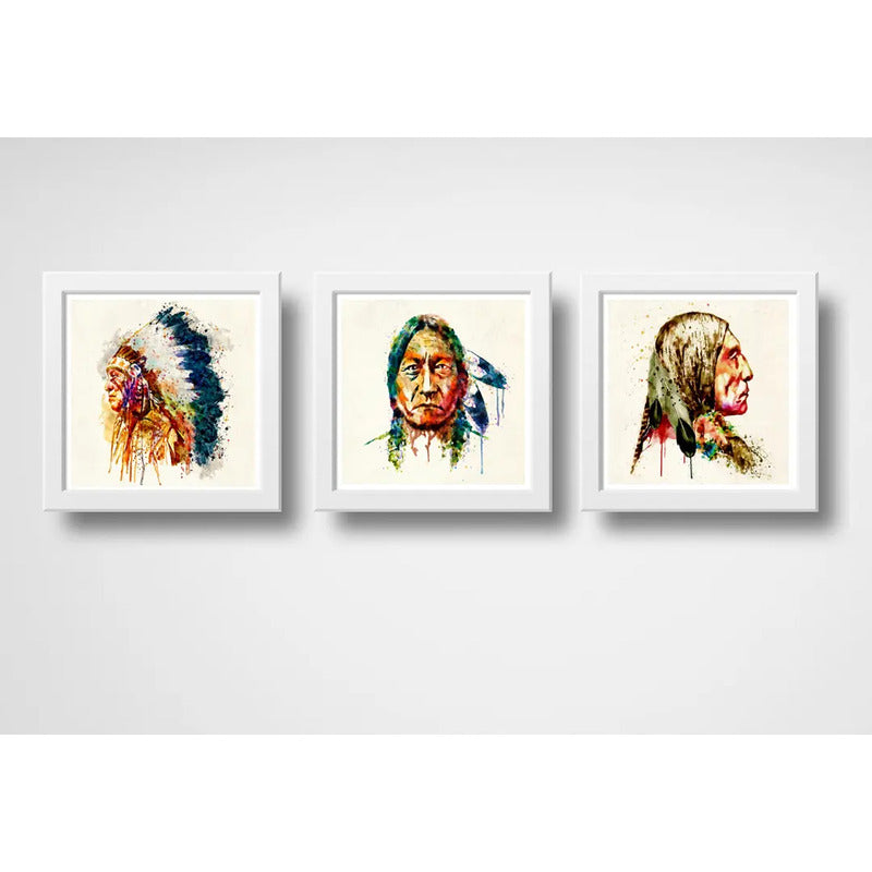 Set 3 Cuadros Indio Jefe Pop Art Vincha Tribal Decoracion