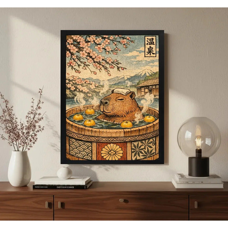 Cuadro Carpincho Banera Flores Cerezo Bano Japón Decoracion Marco Negro