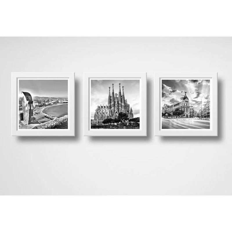 Set 3 Cuadros España Madrid Barcelona Blanco Y Negro Decora