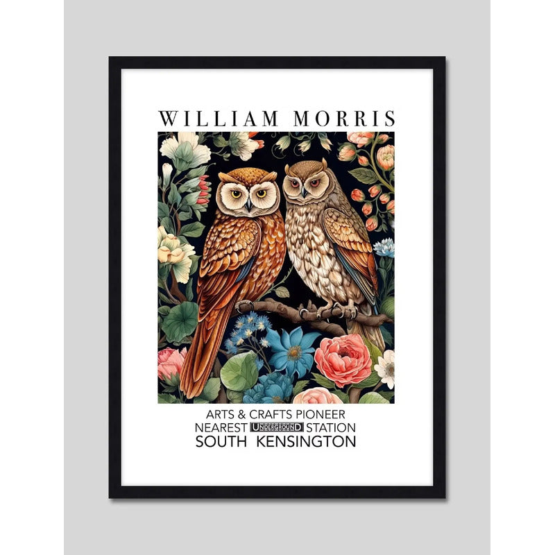 Cuadro Buho Flores William Morris Arte Exposición Decoracion Marco Negro