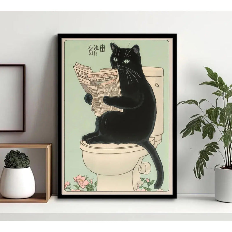 Cuadro Gato Negro Bano Arte Japonés Anime Flores Decoracion Marco Negro