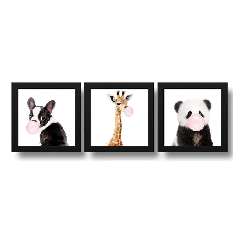 Set 3 Cuadros Panda Jirafa Perro Chicle Animales Decoracion