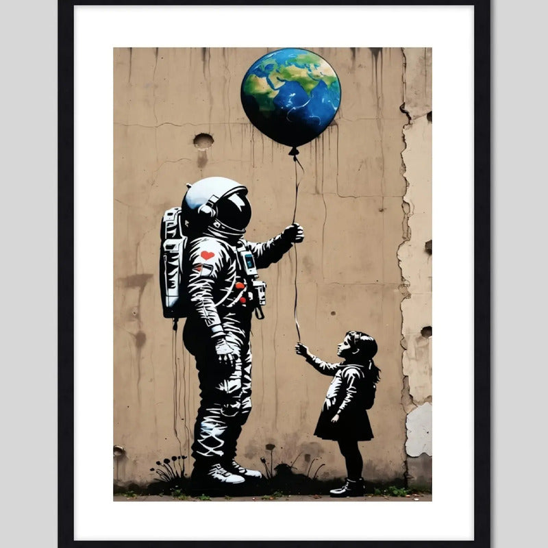 Cuadro Banksy Astronauta Niña Con Globo Tierra Arte Urbano Marco Negro