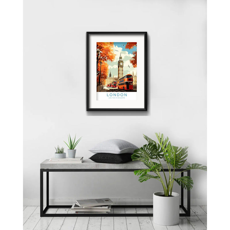 Cuadro Londres Uk Ciudad Bus Big Ben 53x43cm Con Paspartú Marco Negro
