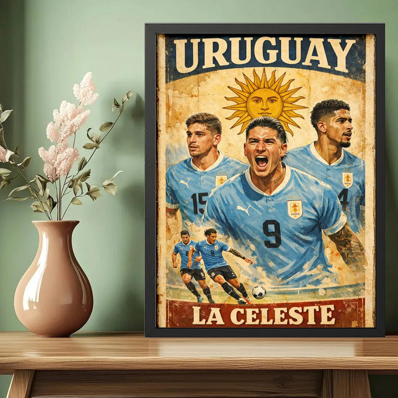 Cuadro La Celeste Seleccion Uruguay Fútbol 2026 Arte Retro Marco Negro