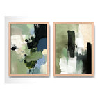 Set 2 Cuadros Dormitorio Living Abstracto Mossy Calm Verde Marco Marrón Claro