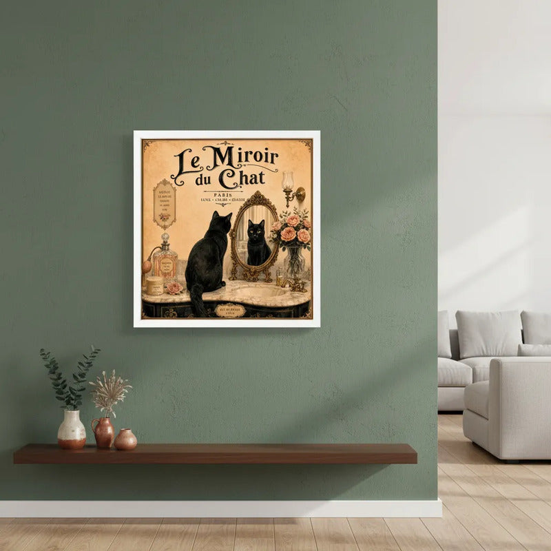 Cuadro Para Decoracion Bano Gato Negro Paris Espejo 33x33cm Marco Blanco