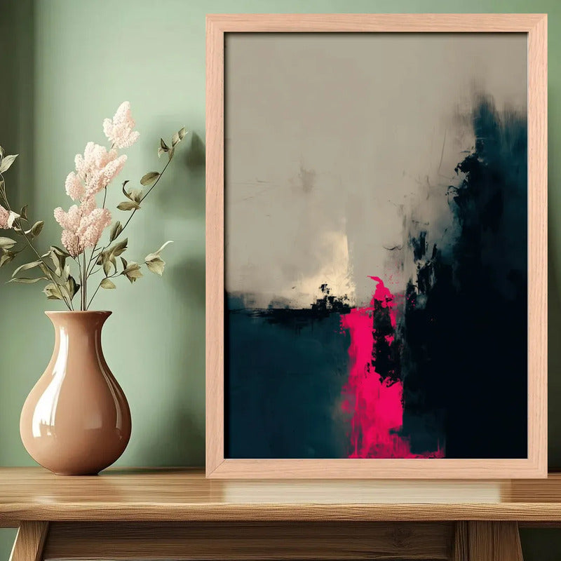 Cuadro Dormitorio Living Boho Abstracto Neón Rosa Beige Oak Marco Marrón Claro