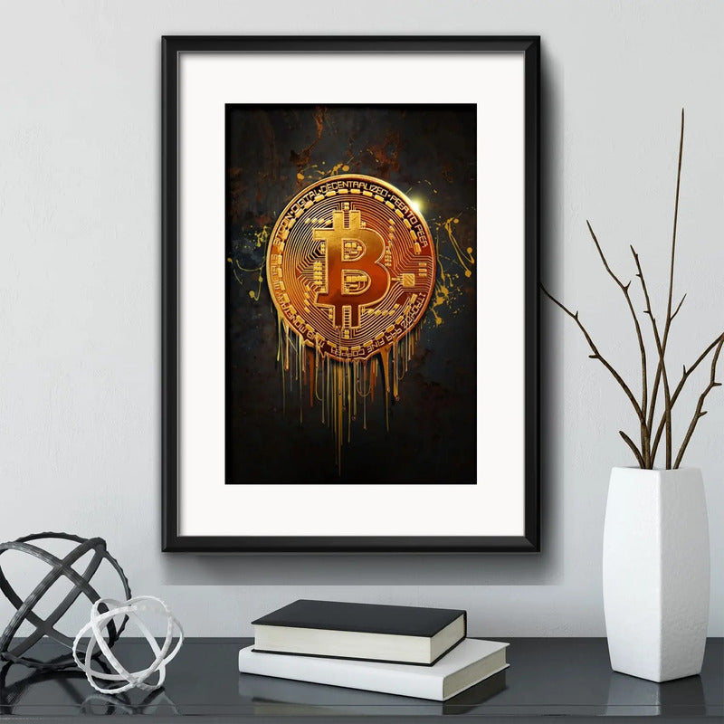 Cuadro Bitcoin Moneda Virtual Bolsa Decoracion Con Paspartú Marco Negro