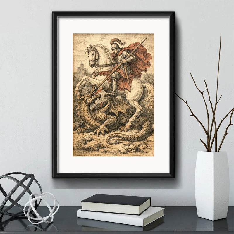 Cuadro San Jorge Arte Clásica Medieval Dragon Jesus Paspartú Marco Negro