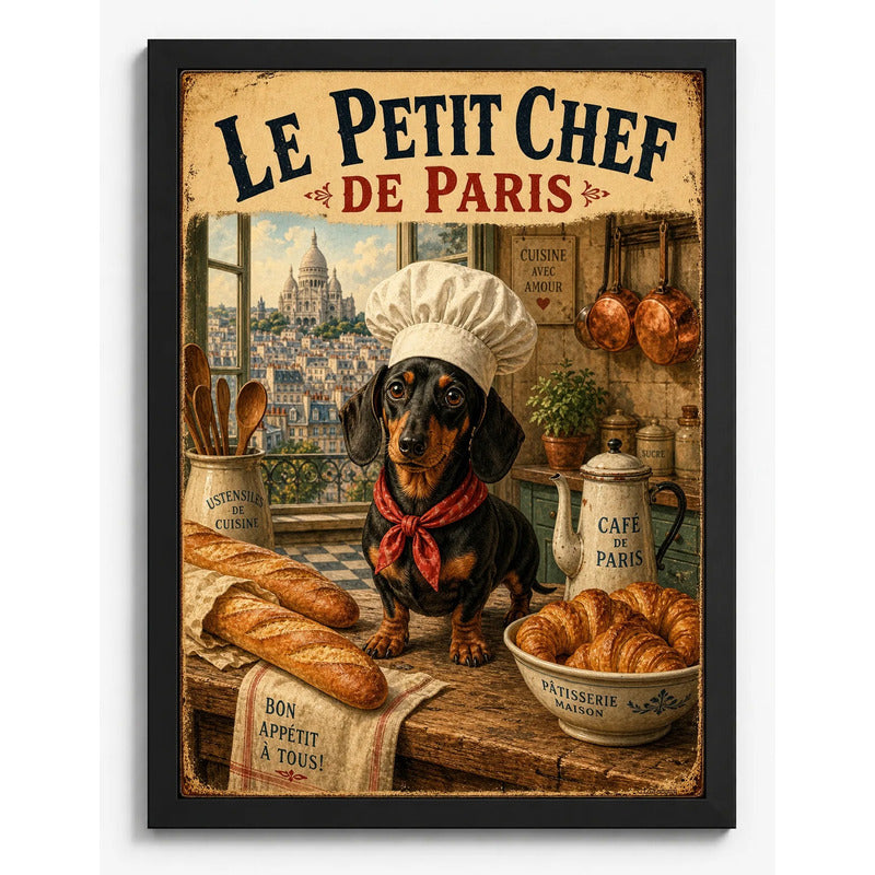 Cuadro Perro Salchicha Le Petit Chef De Paris Pan Art Cocina Marco Negro