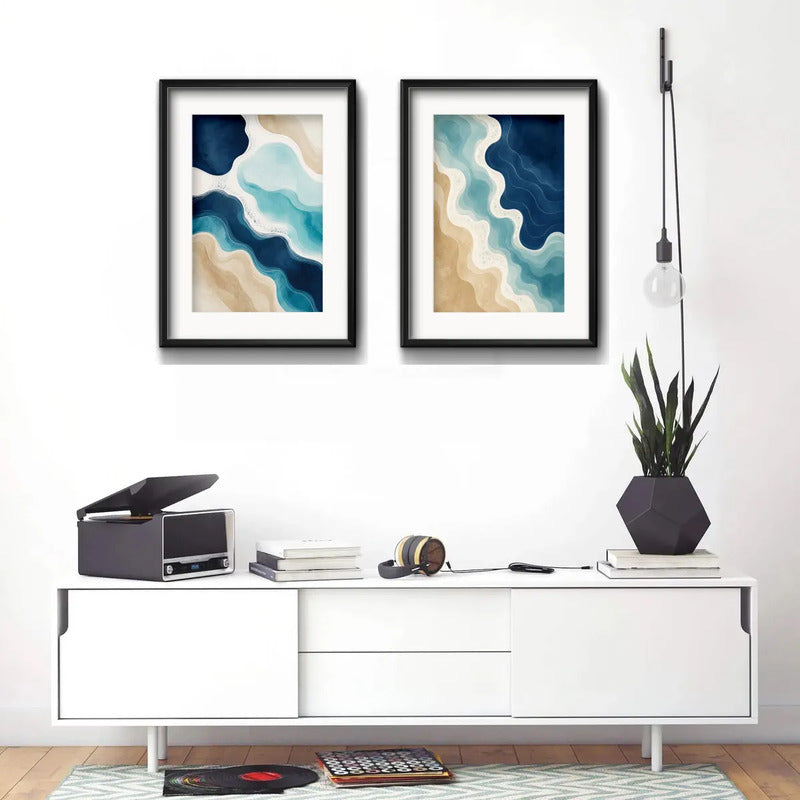 Set 2 Cuadros Paisajes De Playa Flujo Costero Con Paspartu 53x43cm Cada Cuadro Negro