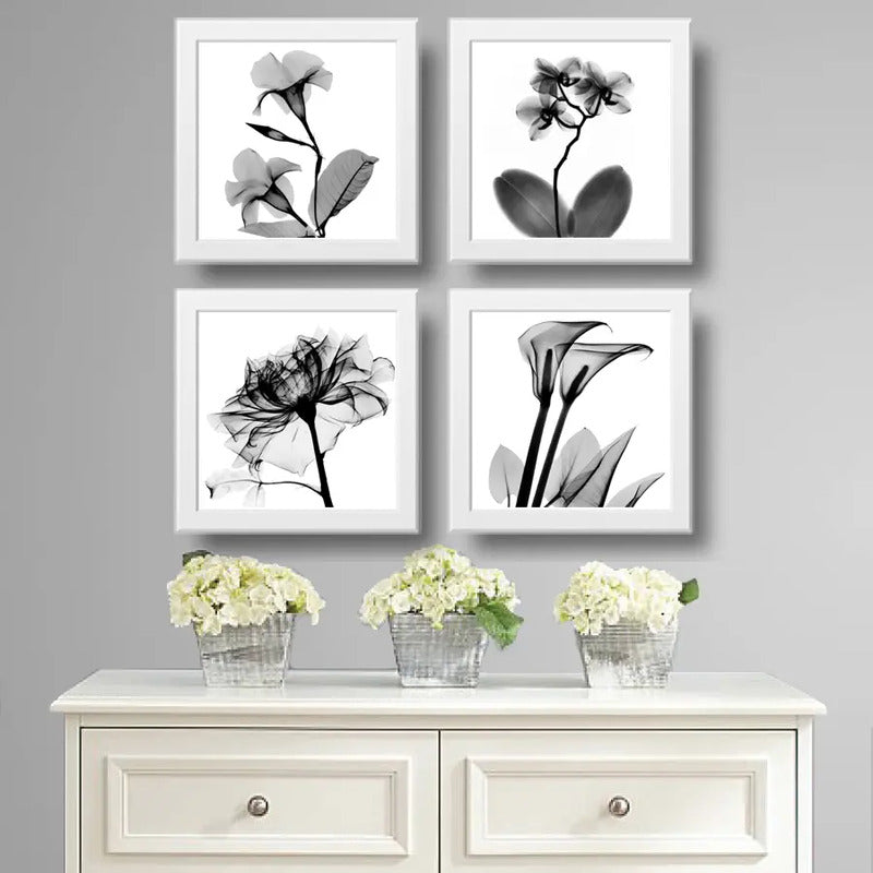 Set 4 Cuadros Flores Minimalista Floral Arte Blanco Y Negro