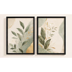 Set 2 Cuadros Hojas Verde Oro Arte Abstracto Decora Living Marco Negro