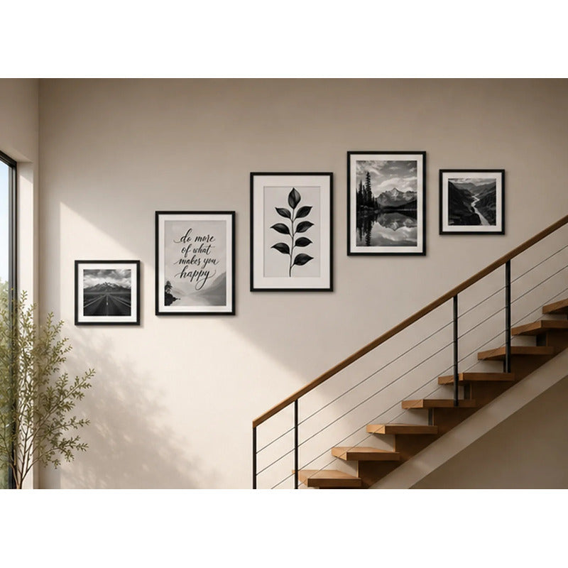 Set 5 Cuadros Living Escalera Pasillo Paisajes Blanco Negro Marco Negro