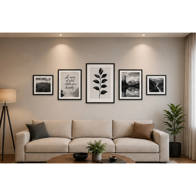 Set 5 Cuadros Living Escalera Pasillo Paisajes Blanco Negro Marco Negro