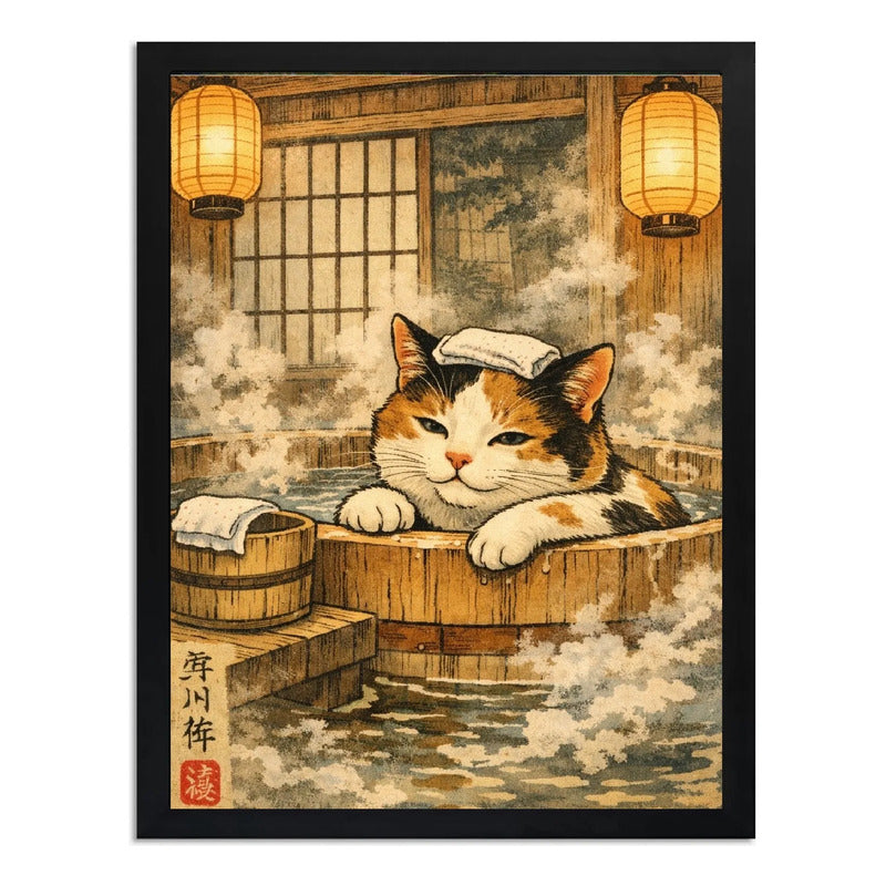 Cuadro Gato Zen Banera Spa Japón Bano Arte Decoracion Marco Negro