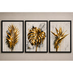 Set 3 Cuadros Living Oficina Hojas Doradas Arte Botanica Marco Negro